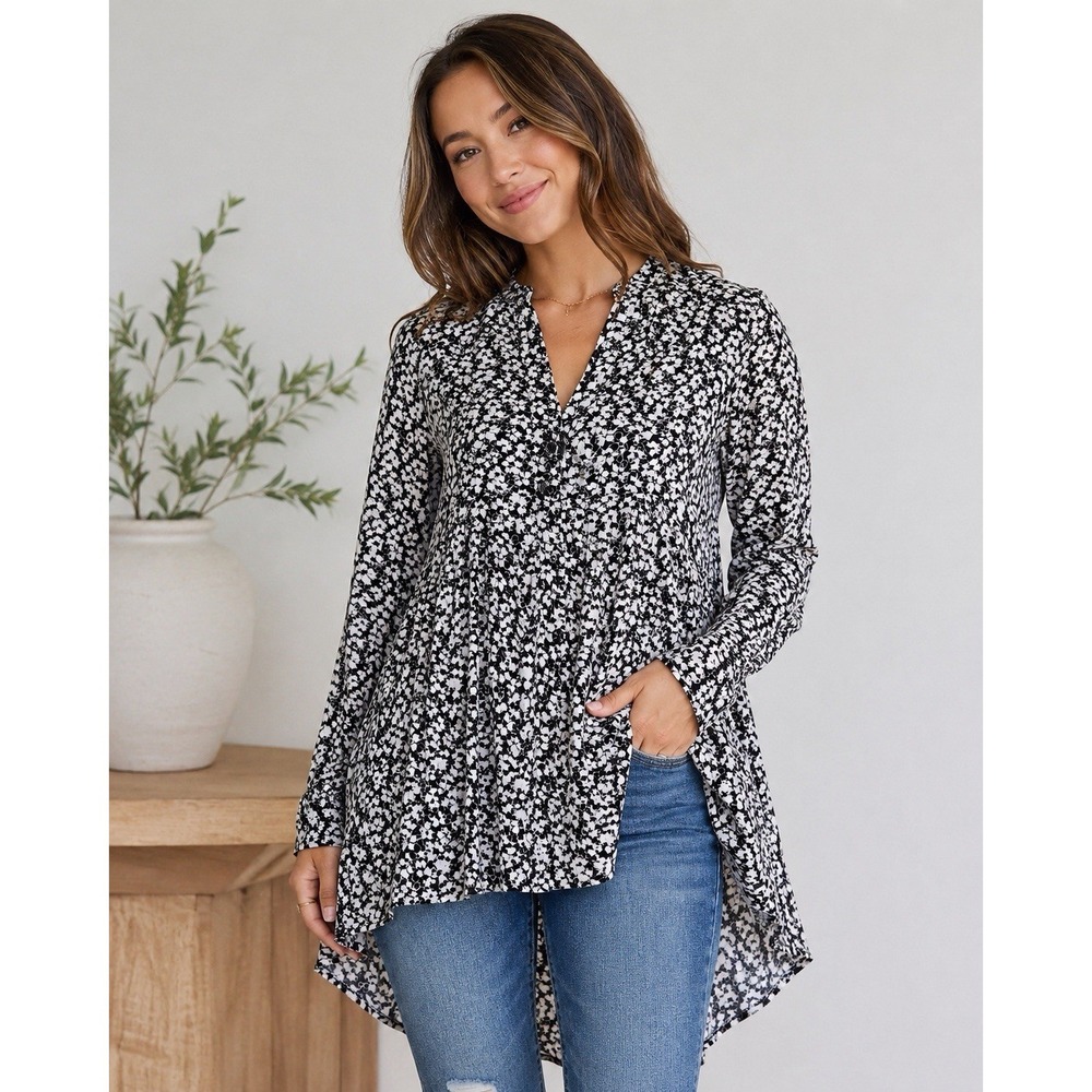 NWT Lane Bryant Women's Blouse Size 14 Black White Floral Long Sleeve